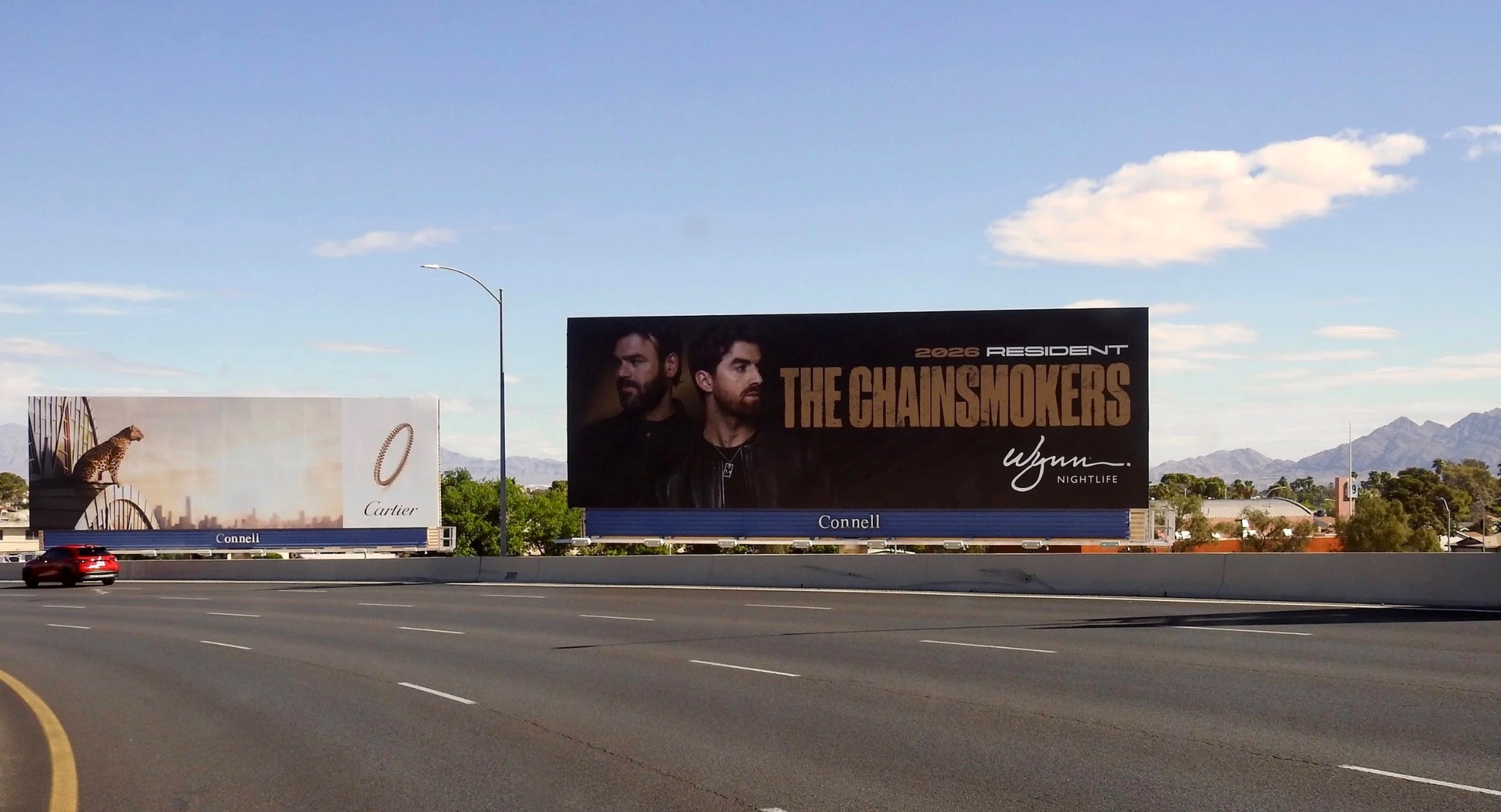 The Chainsmokers Wynn Nightlife residency campaign displayed on a Las Vegas billboard